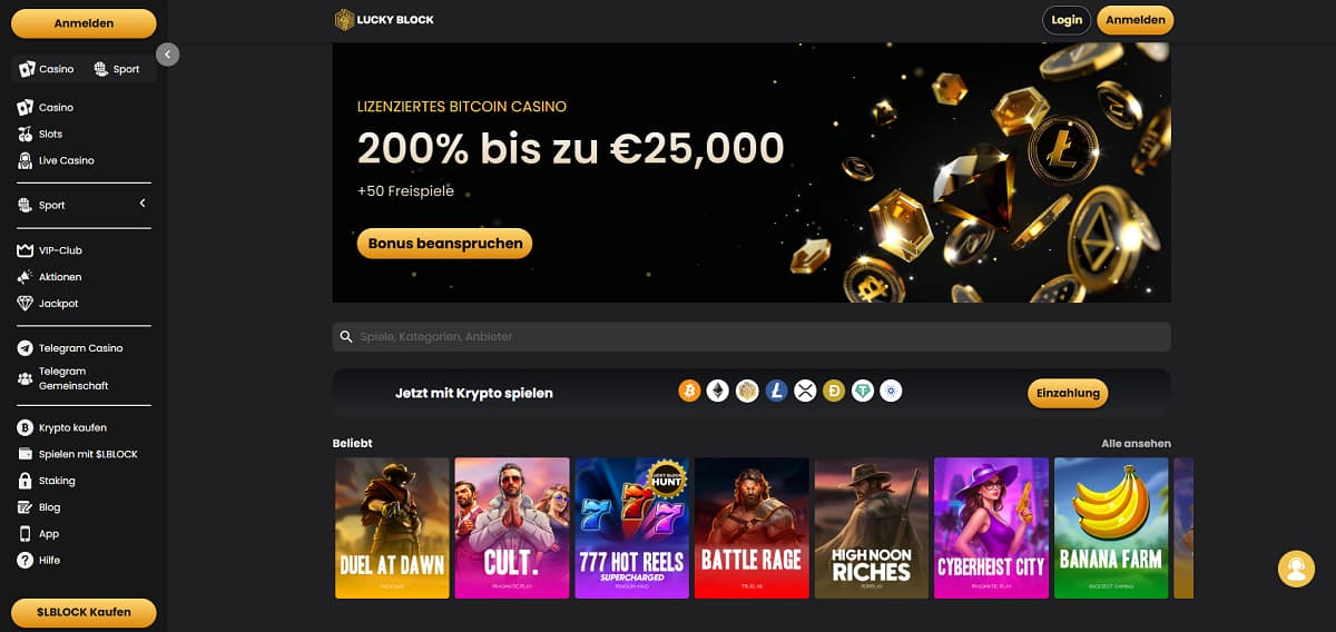 Werbebanner für Lucky Block, ein lizenziertes Bitcoin-Casino, mit einem Bonusangebot von '200% bis zu 25.000 € + 50 Freispiele.' Schaltflächen mit 'Bonus sichern' und 'Jetzt einzahlen' sind sichtbar. 